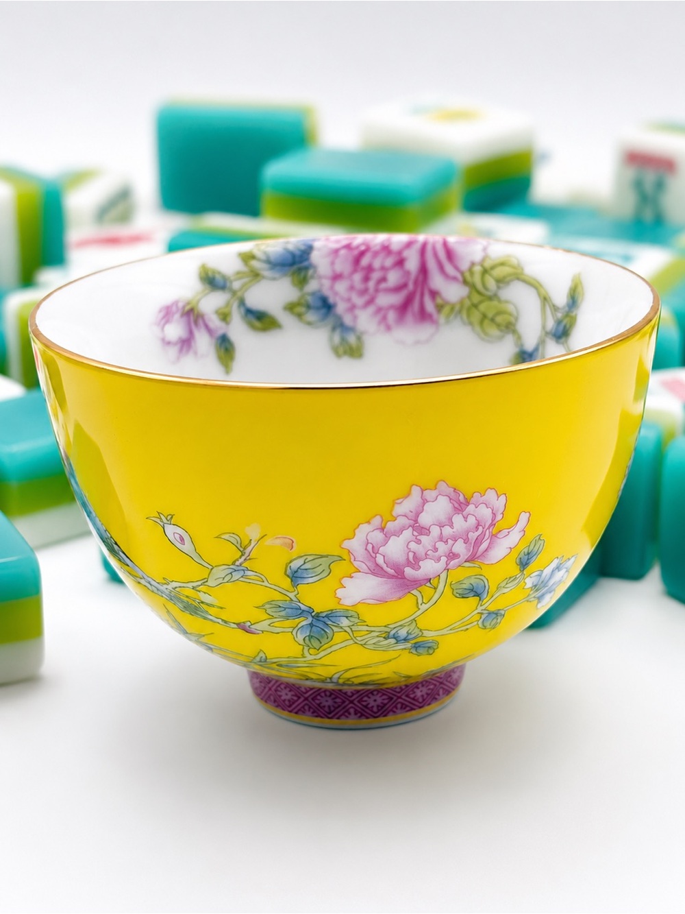 Mahjong Tiles Chinoiserie Vintage porcelain style Dice Dish Sparrow yellow